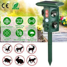 Solar Ultrasonic Animal Repeller Solar Powered Animal Repellent Chaser with PIR Motion Sensor IP54 Waterproof Sound Flashing Light for Deer Racco