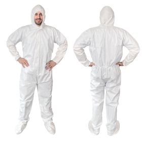 White Hazmat Suits, 4X-Large. Pack of 5 Waterproof MPP Disposable Coveralls with Hood, Boots, Elastic Wrists