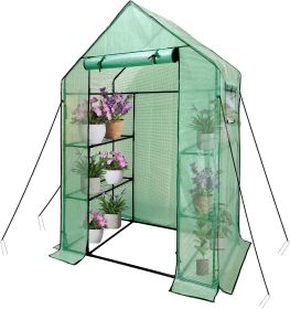 Walk In Greenhouse With Shelves,Walk-In Plant Green House With Durable Green PE Cover, 3 Tiers 6 Shelves Stands with Ground Pegs & Ropes for Stab