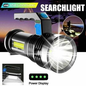 LED Flashlight USB Rechargeable Torch COB Spotlight Camping Light High Lumens Emergency Lamp 3 Modes Waterproof (Color: Black)